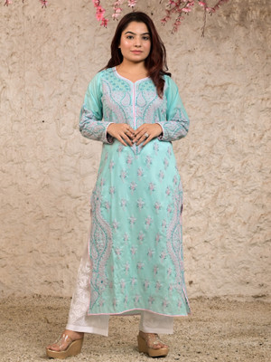 Chikirpolo Women Embroidered Straight Kurta(Blue)
