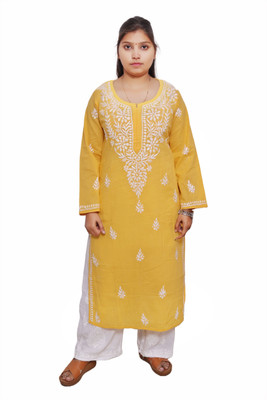 Ah cration Women Chikan Embroidery A-line Kurta(Yellow)
