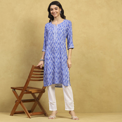 RANGRITI Women Printed Straight Kurta(Blue)