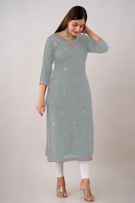 Kapadia Women Geometric Print Straight Kurta(Grey)