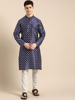 ANOUK Men Abstract Straight Kurta(Blue)
