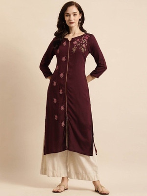 ANOUK Women Embroidered Straight Kurta(Maroon)