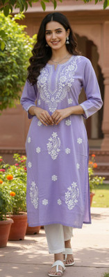 MADIHA CHIKANKARI Women Chikan Embroidery, Embroidered Straight Kurta(Yellow)
