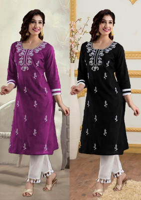 SISTO Women Chikan Embroidery Straight Kurta(Black, Purple)