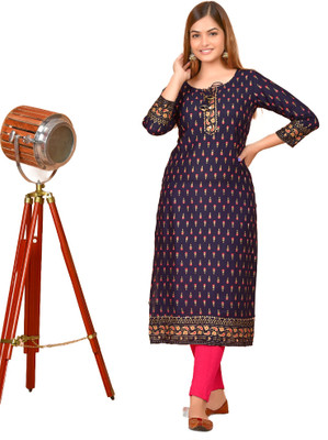 ZAARA CREATION Women Printed Straight Kurta(Dark Blue)