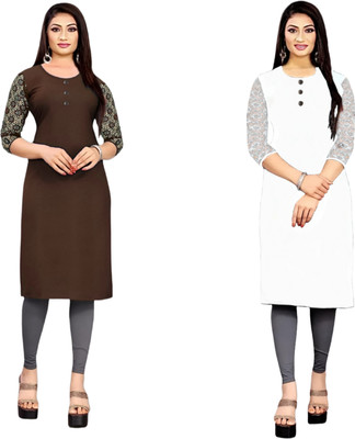 HOFC Women Solid Straight Kurta(Brown, White)