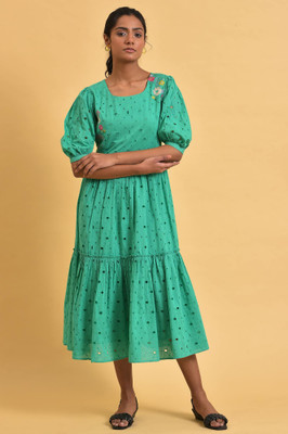 W Women Self Design Flared Kurta(Green)