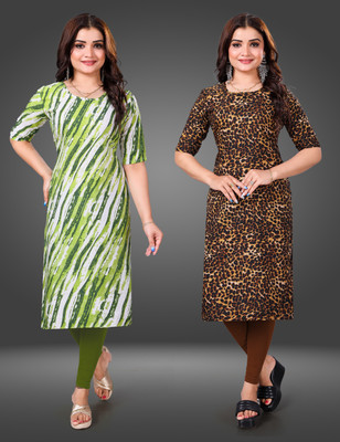 MOBHISA Women Printed Straight Kurta(Brown)