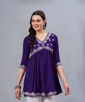 NEW4U Women Embroidered Flared Kurta(Purple)