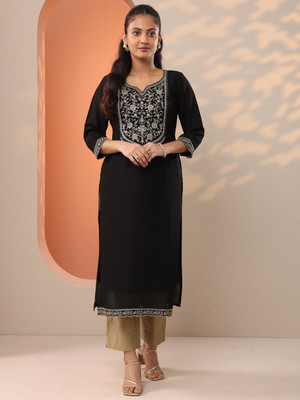 LIBAS Women Embroidered Straight Kurta(Black)