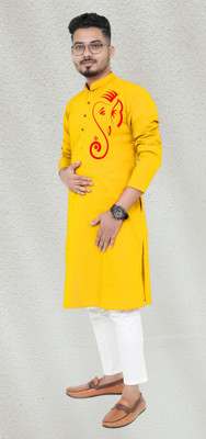 Mamta fab Men Printed Straight Kurta(Yellow)