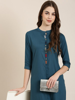 SHOWOFFFF Women Solid Straight Kurta(Blue)