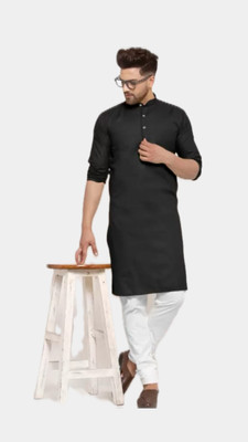 HouseOfCommon Men Solid A-line Kurta(Black)
