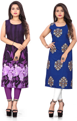 tanvi creation Women Floral Print Straight Kurta(Purple, Blue)