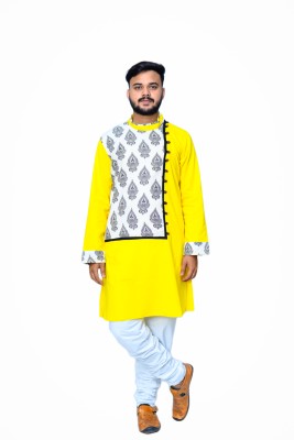 Saheb Men Self Design Pathani Kurta(Yellow)