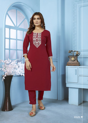 rujave Women Embroidered A-line Kurta(Maroon)