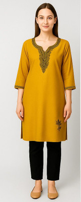 RuhisCollection Women Embroidered A-line Kurta(Yellow)