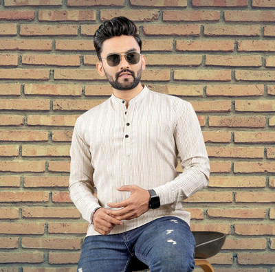 SHAJARA Men Striped Straight Kurta(Beige)