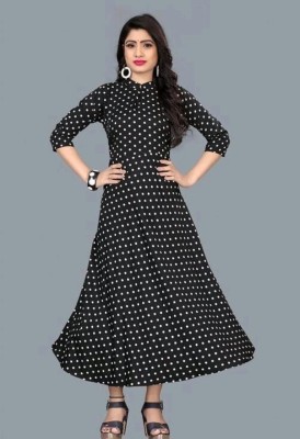 NOWT Women Printed Flared Kurta(Black, White)