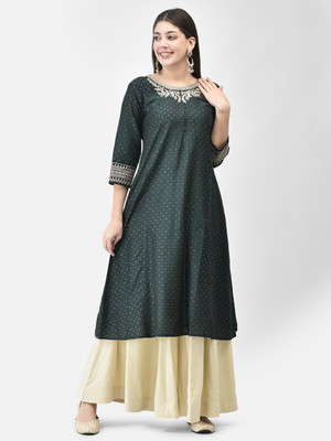 Span Women Self Design A-line Kurta(Green)