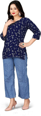Antraa creation Women Printed Flared Kurta(Blue)