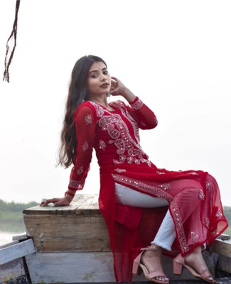 ZA chikankari Women Chikan Embroidery Straight Kurta(Red)