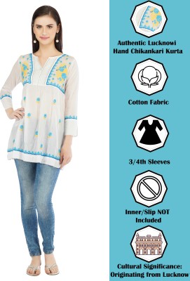 VAHSON Women Chikan Embroidery, Embroidered A-line Kurta(White)