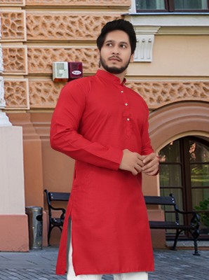 Flossy Men Solid Straight Kurta(Red)