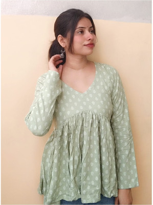 Meandshe Girls Printed A-line Kurta(Light Green)