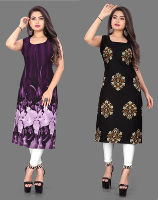 Modli 20 Fashion Women Floral Print Straight Kurta(Purple, Black)