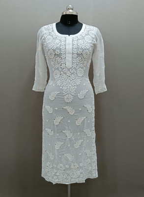 AMLIFESTYLE Women Chikan Embroidery A-line Kurta(White)