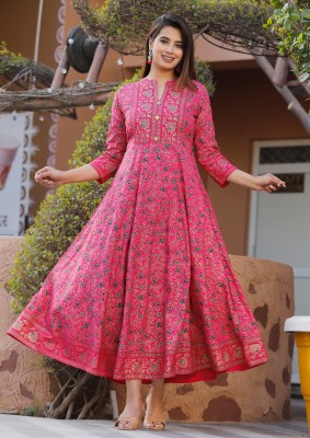 Aaradhiya Traders Women Printed Anarkali Kurta(Pink)