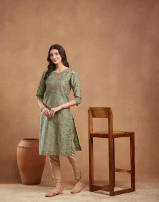 Fabindia Women Printed Straight Kurta(Green)