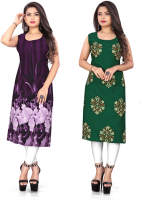 Hiral Creation Women Floral Print Straight Kurta(Purple, Green)