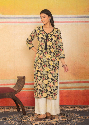 Label Adrija Women Floral Print A-line Kurta(Black)