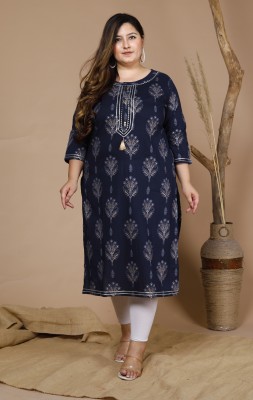 Pacify Women Printed Straight Kurta(Dark Blue, Beige)