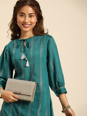 Sangria Women Embroidered A-line Kurta(Green)