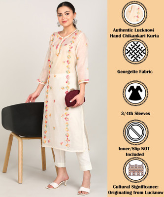 VAHSON Women Chikan Embroidery, Embroidered, Self Design A-line Kurta(Beige)