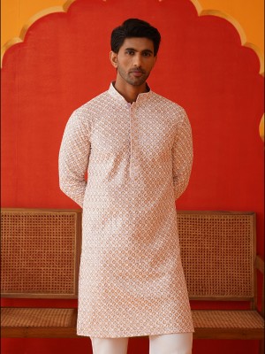 Jompers Men Embroidered Straight Kurta(Pink)