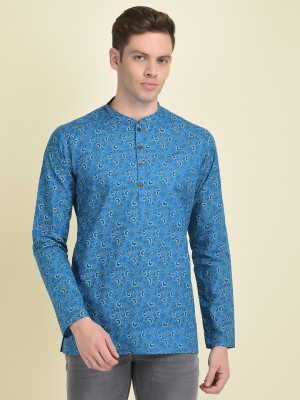 DEYANN Men Printed Straight Kurta(Blue)