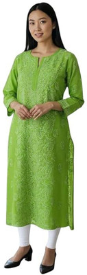 Eddika Women Embroidered Straight Kurta(Green)