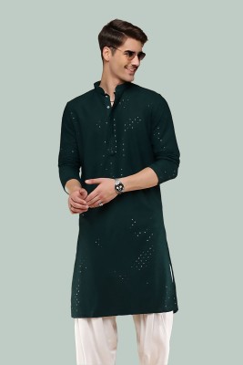 YSYB Dezines Men Chikan Embroidery Straight Kurta(Dark Green)