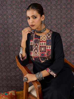 Indo Era Women Printed Straight Kurta(Black)
