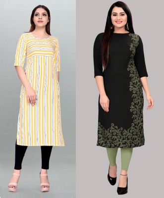 tanvi creation Women Floral Print Straight Kurta(Black, Yellow, White)