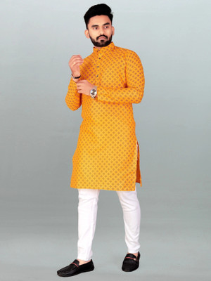FRELURO Men Printed, Self Design Straight Kurta(Yellow)