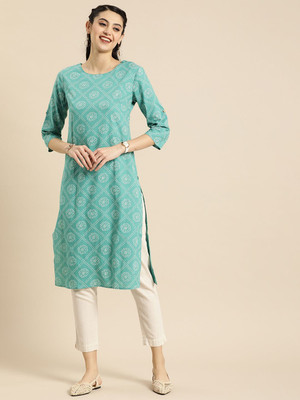 ANOUK Women Printed Straight Kurta(Green)