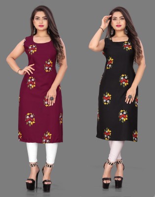 tanvi creation Women Printed Straight Kurta(Maroon, Black)