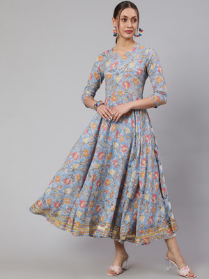 GLAM ROOTS Women Floral Print Flared Kurta(Blue)