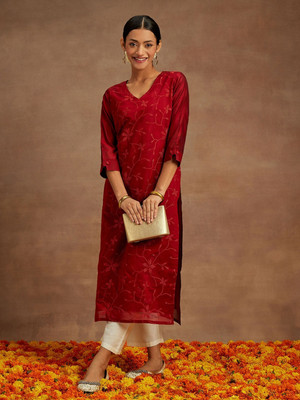 LIBAS Women Embroidered Straight Kurta(Red)
