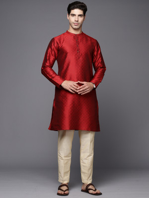 Indo Era Men Woven Design Straight Kurta(Red)